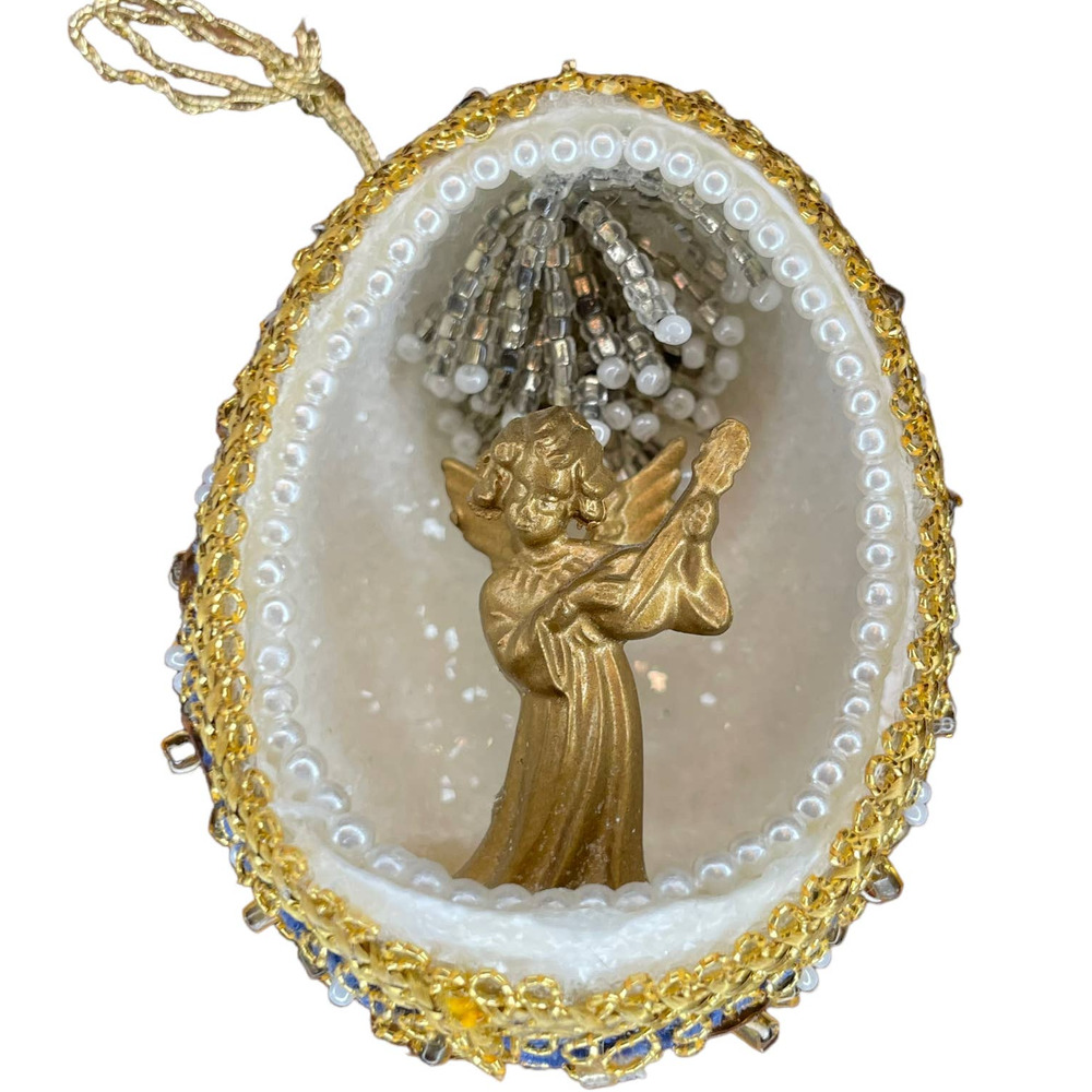 Vintage Handmade Real Egg Shell Diorama Angel Christmas Ornament Faux Pearl Trim